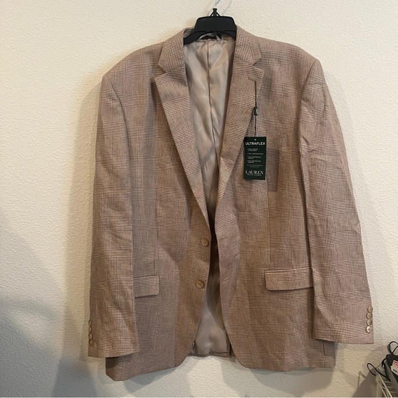 NEW Lauren Ralph Lauren tan plaid hounds tooth men’s blazer size 44 long